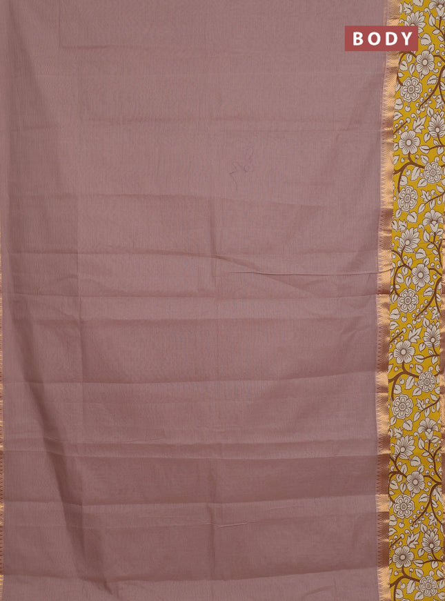 Mangalagiri cotton saree dark beige and yellow with plain body and rettapet zari woven kalamkari border