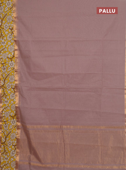 Mangalagiri cotton saree dark beige and yellow with plain body and rettapet zari woven kalamkari border
