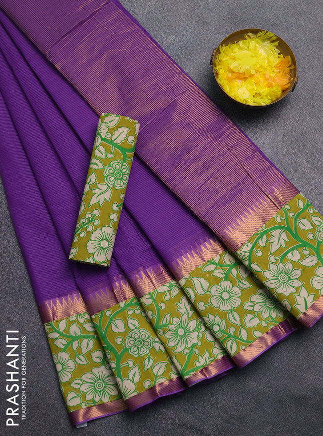 Mangalagiri cotton saree violet and mustard green with plain body and rettapet zari woven kalamkari border