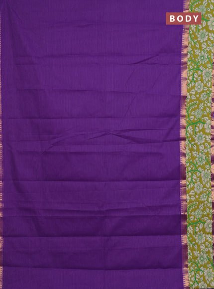Mangalagiri cotton saree violet and mustard green with plain body and rettapet zari woven kalamkari border