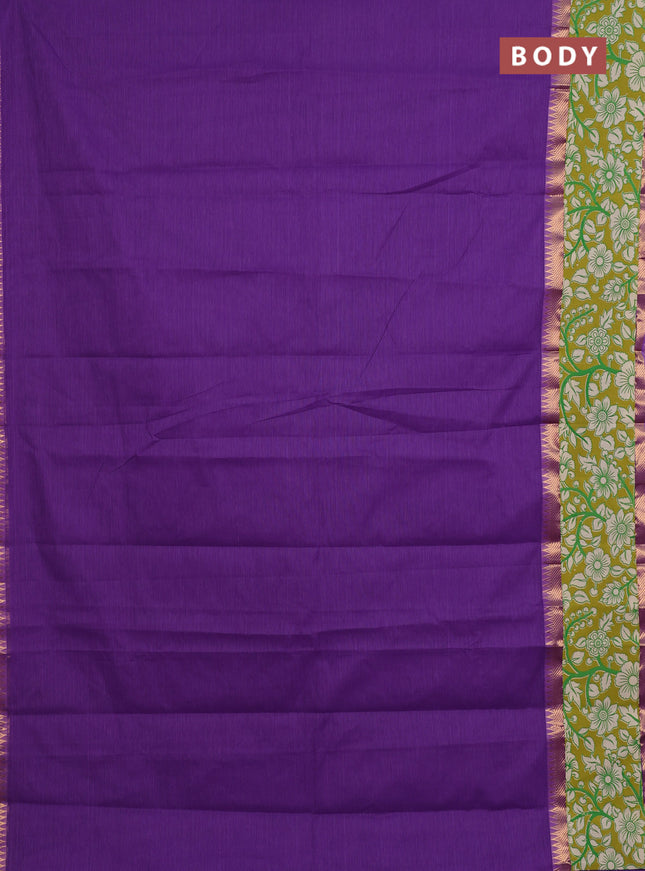 Mangalagiri cotton saree violet and mustard green with plain body and rettapet zari woven kalamkari border