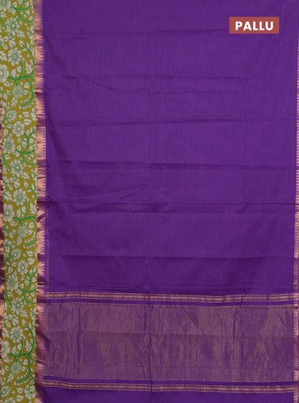 Mangalagiri cotton saree violet and mustard green with plain body and rettapet zari woven kalamkari border