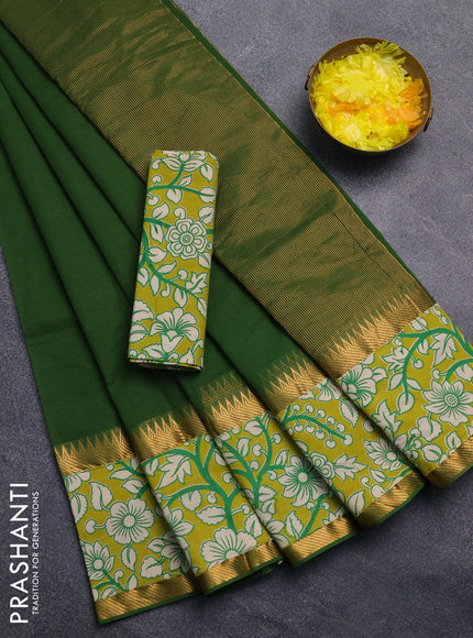 Mangalagiri cotton saree sap green and mustard green with plain body and rettapet zari woven kalamkari border