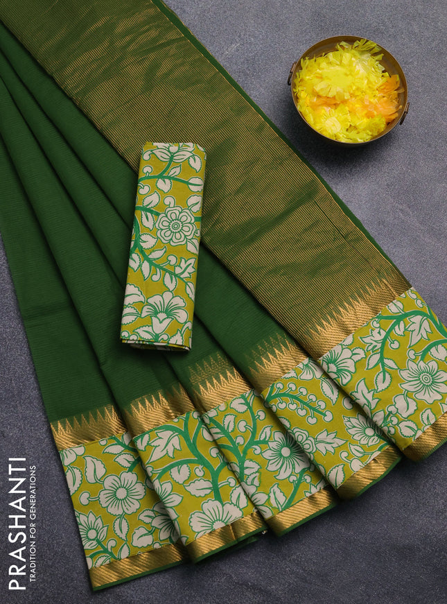 Mangalagiri cotton saree sap green and mustard green with plain body and rettapet zari woven kalamkari border