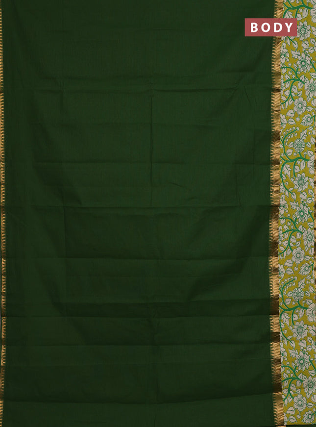 Mangalagiri cotton saree sap green and mustard green with plain body and rettapet zari woven kalamkari border