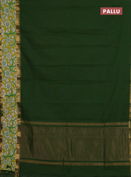Mangalagiri cotton saree sap green and mustard green with plain body and rettapet zari woven kalamkari border
