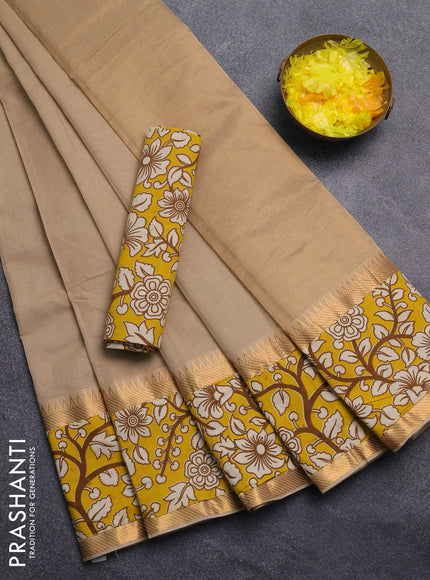 Mangalagiri cotton saree beige and yellow with plain body and rettapet zari woven kalamkari border