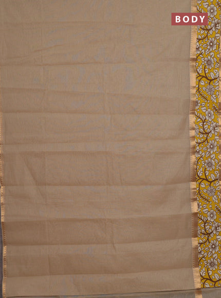 Mangalagiri cotton saree beige and yellow with plain body and rettapet zari woven kalamkari border
