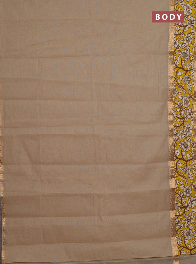 Mangalagiri cotton saree beige and yellow with plain body and rettapet zari woven kalamkari border