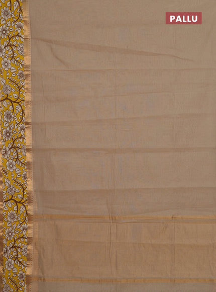 Mangalagiri cotton saree beige and yellow with plain body and rettapet zari woven kalamkari border