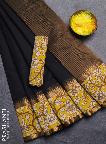 Mangalagiri cotton saree black and yellow with plain body and rettapet zari woven kalamkari border