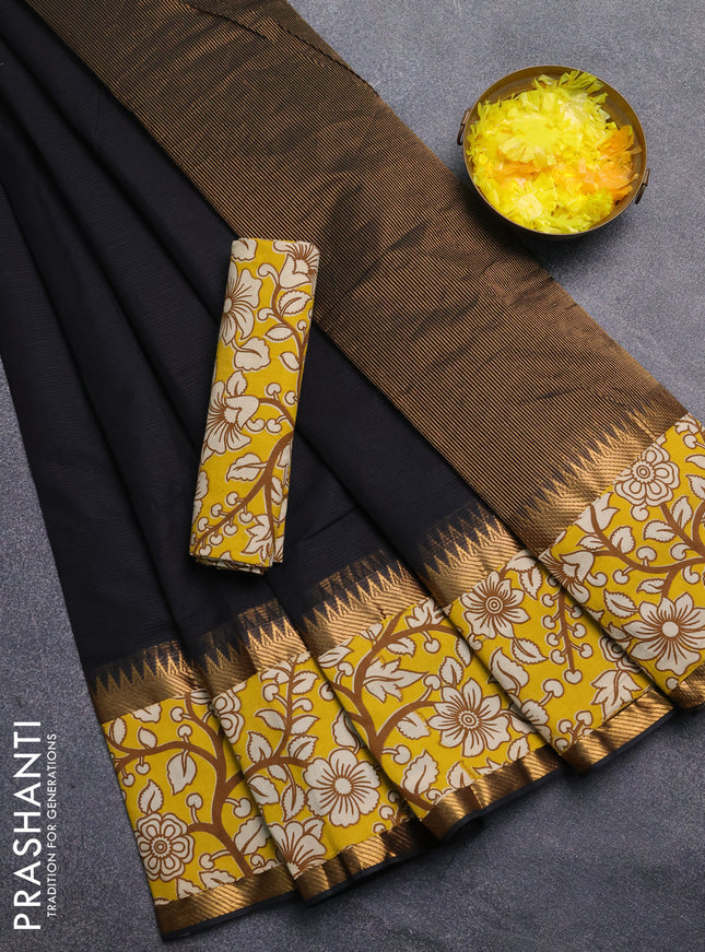 Mangalagiri cotton saree black and yellow with plain body and rettapet zari woven kalamkari border