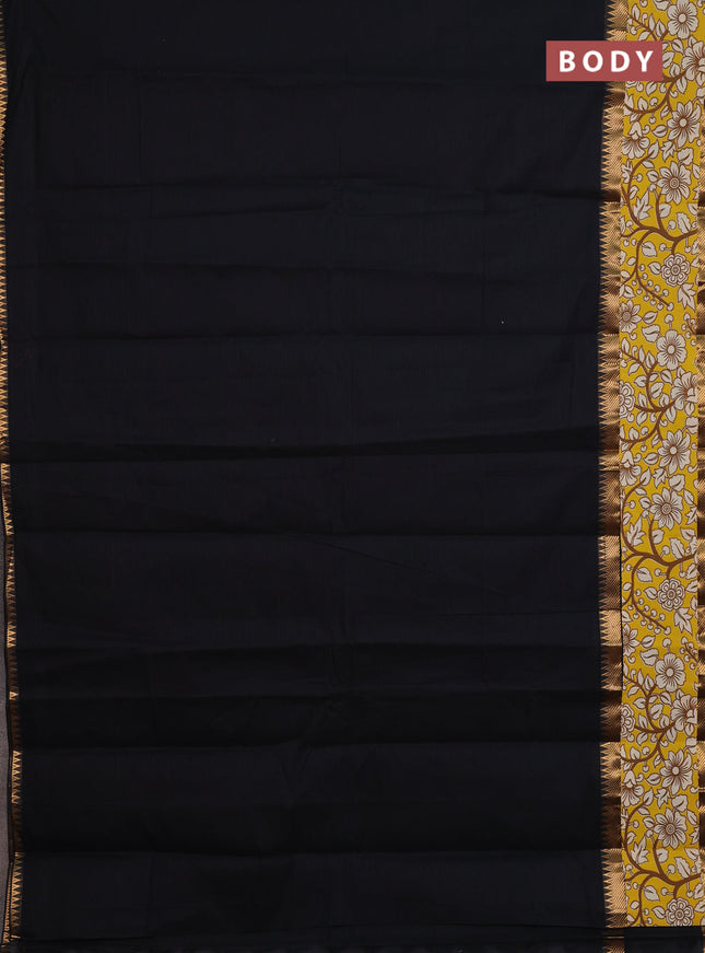 Mangalagiri cotton saree black and yellow with plain body and rettapet zari woven kalamkari border