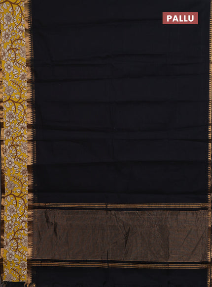 Mangalagiri cotton saree black and yellow with plain body and rettapet zari woven kalamkari border