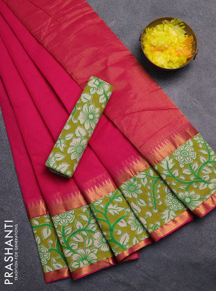 Mangalagiri cotton saree pink and mustard green with plain body and rettapet zari woven kalamkari border