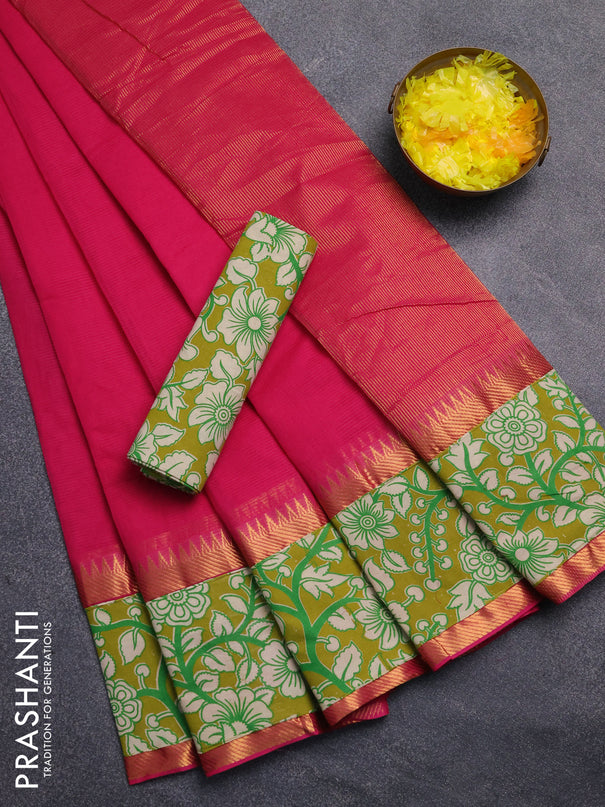 Mangalagiri cotton saree pink and mustard green with plain body and rettapet zari woven kalamkari border