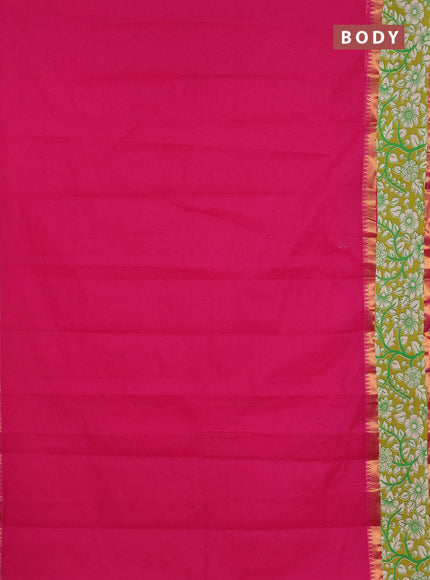 Mangalagiri cotton saree pink and mustard green with plain body and rettapet zari woven kalamkari border