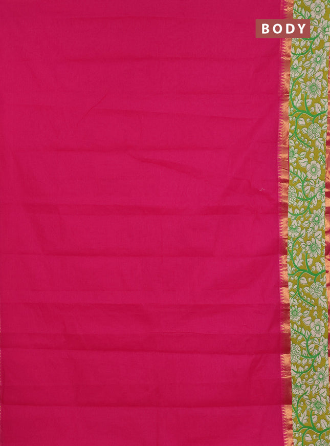 Mangalagiri cotton saree pink and mustard green with plain body and rettapet zari woven kalamkari border