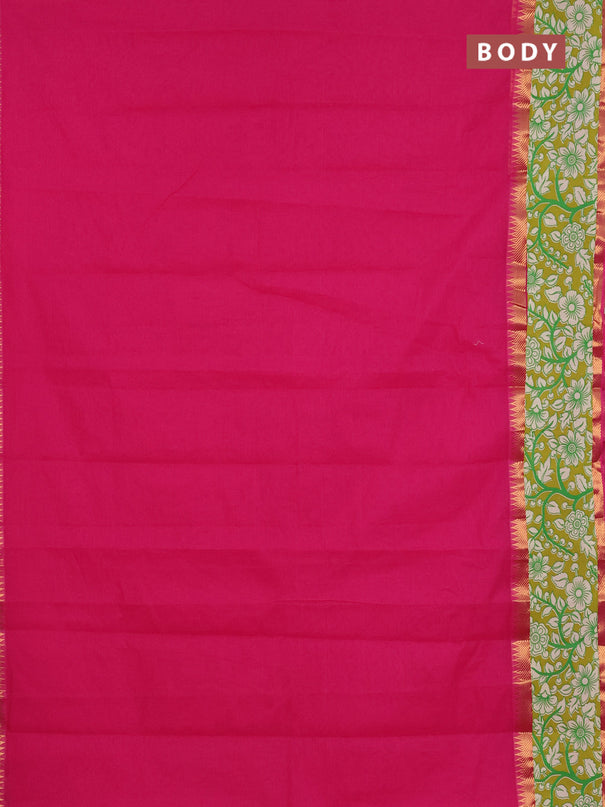 Mangalagiri cotton saree pink and mustard green with plain body and rettapet zari woven kalamkari border