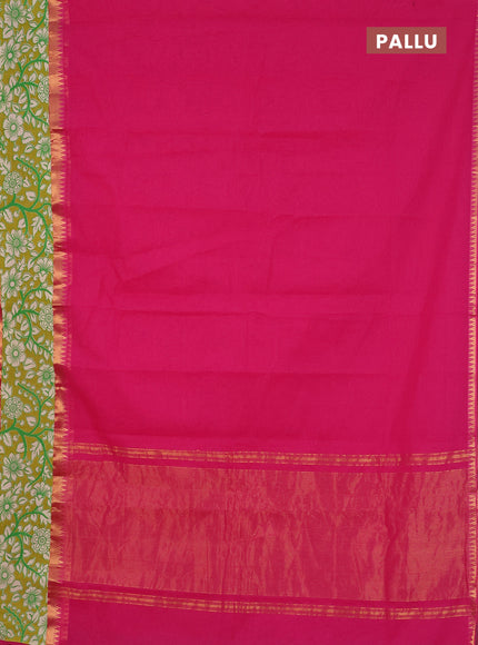 Mangalagiri cotton saree pink and mustard green with plain body and rettapet zari woven kalamkari border
