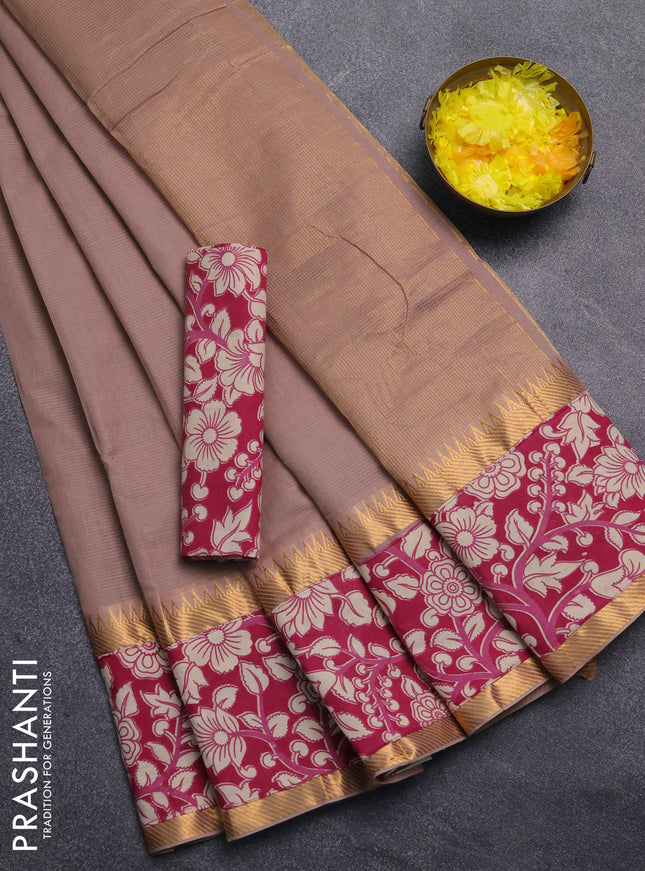 Mangalagiri cotton saree dark beige and wine shade with plain body and rettapet zari woven kalamkari border