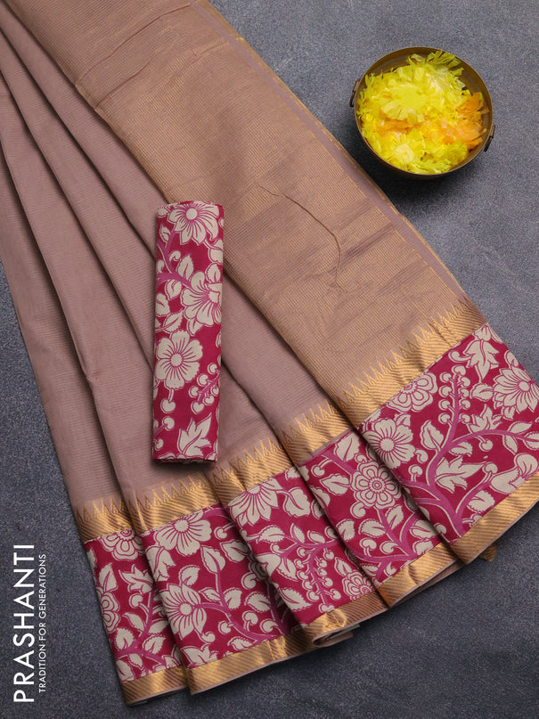 Mangalagiri cotton saree dark beige and wine shade with plain body and rettapet zari woven kalamkari border