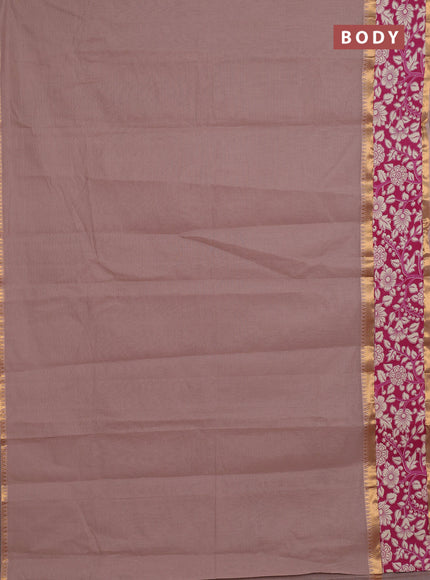 Mangalagiri cotton saree dark beige and wine shade with plain body and rettapet zari woven kalamkari border