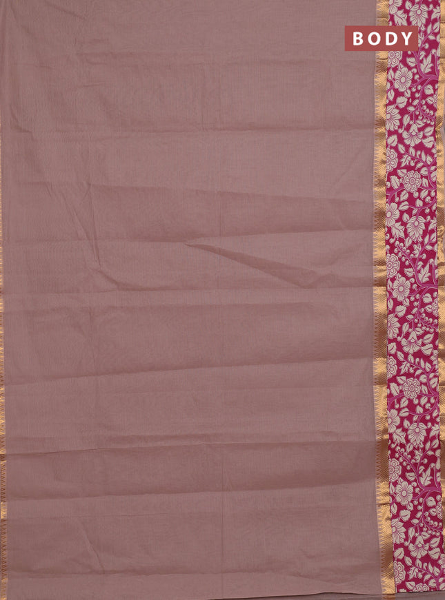 Mangalagiri cotton saree dark beige and wine shade with plain body and rettapet zari woven kalamkari border