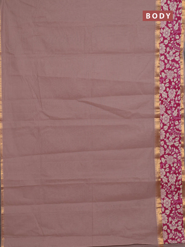 Mangalagiri cotton saree dark beige and wine shade with plain body and rettapet zari woven kalamkari border