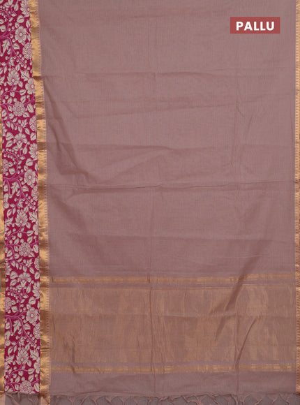 Mangalagiri cotton saree dark beige and wine shade with plain body and rettapet zari woven kalamkari border