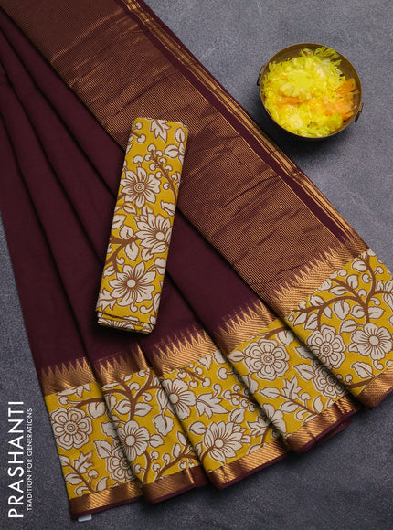 Mangalagiri cotton saree coffee brown and yellow with plain body and rettapet zari woven kalamkari border