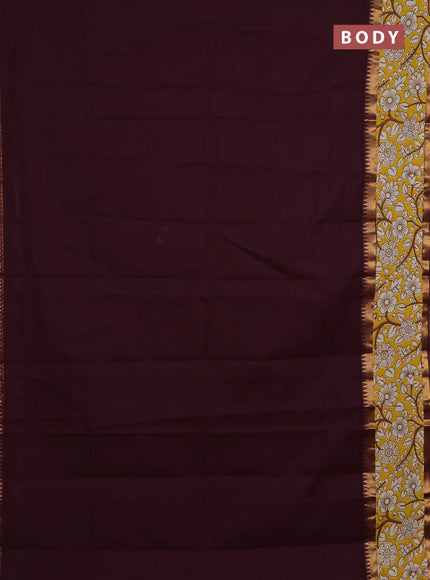 Mangalagiri cotton saree coffee brown and yellow with plain body and rettapet zari woven kalamkari border