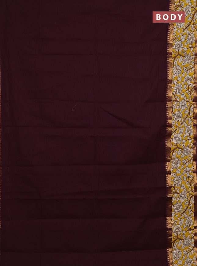 Mangalagiri cotton saree coffee brown and yellow with plain body and rettapet zari woven kalamkari border
