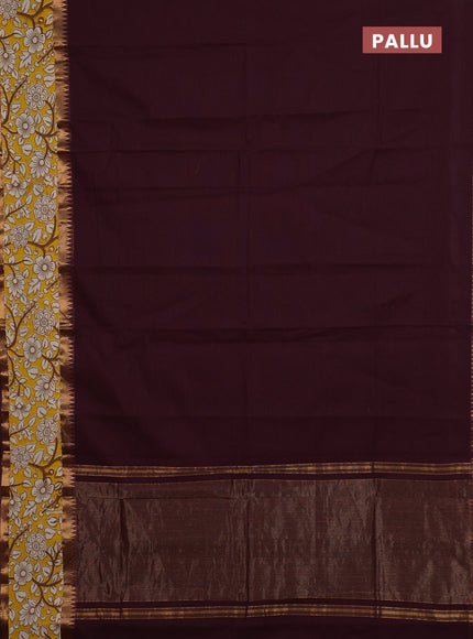 Mangalagiri cotton saree coffee brown and yellow with plain body and rettapet zari woven kalamkari border