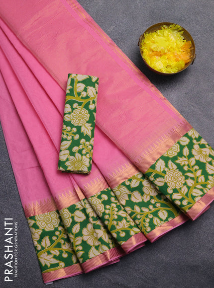 Mangalagiri cotton saree peach pink and green with plain body and rettapet zari woven kalamkari border