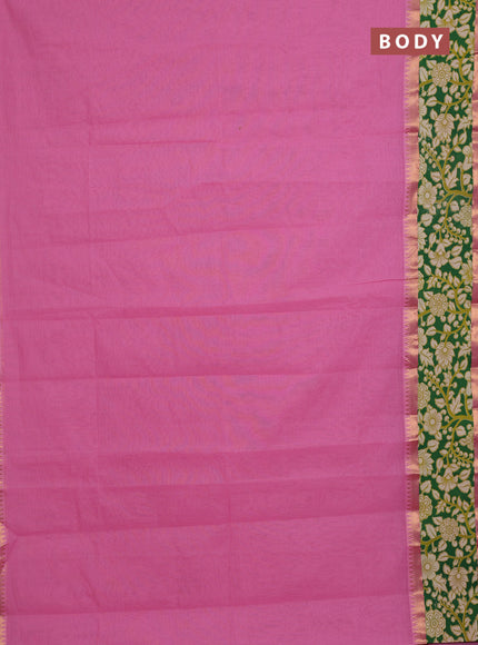 Mangalagiri cotton saree peach pink and green with plain body and rettapet zari woven kalamkari border