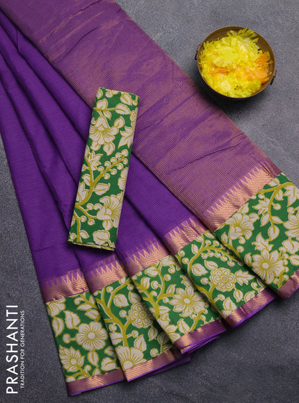 Mangalagiri cotton saree violet and green with plain body and rettapet zari woven kalamkari border