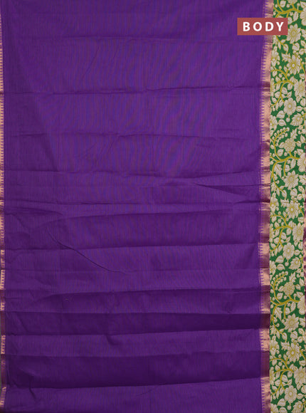 Mangalagiri cotton saree violet and green with plain body and rettapet zari woven kalamkari border