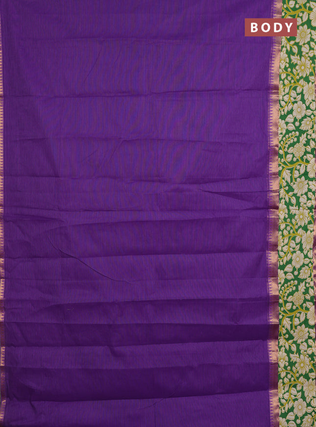 Mangalagiri cotton saree violet and green with plain body and rettapet zari woven kalamkari border