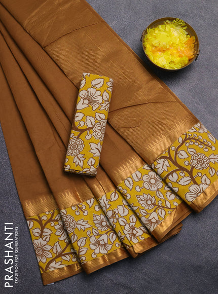 Mangalagiri cotton saree sandal and yellow with plain body and rettapet zari woven kalamkari border