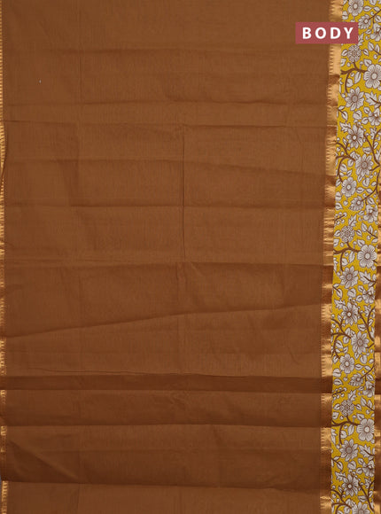 Mangalagiri cotton saree sandal and yellow with plain body and rettapet zari woven kalamkari border
