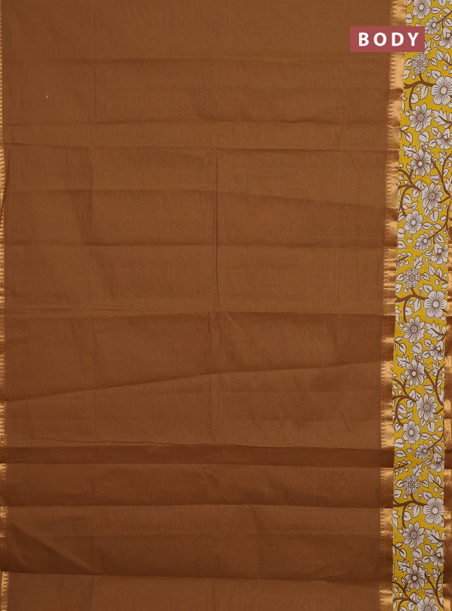 Mangalagiri cotton saree sandal and yellow with plain body and rettapet zari woven kalamkari border
