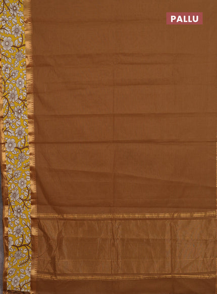 Mangalagiri cotton saree sandal and yellow with plain body and rettapet zari woven kalamkari border