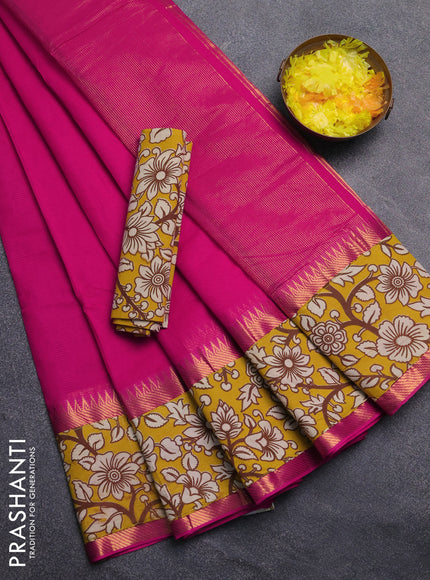 Mangalagiri cotton saree dark pink and yellow with plain body and rettapet zari woven kalamkari border