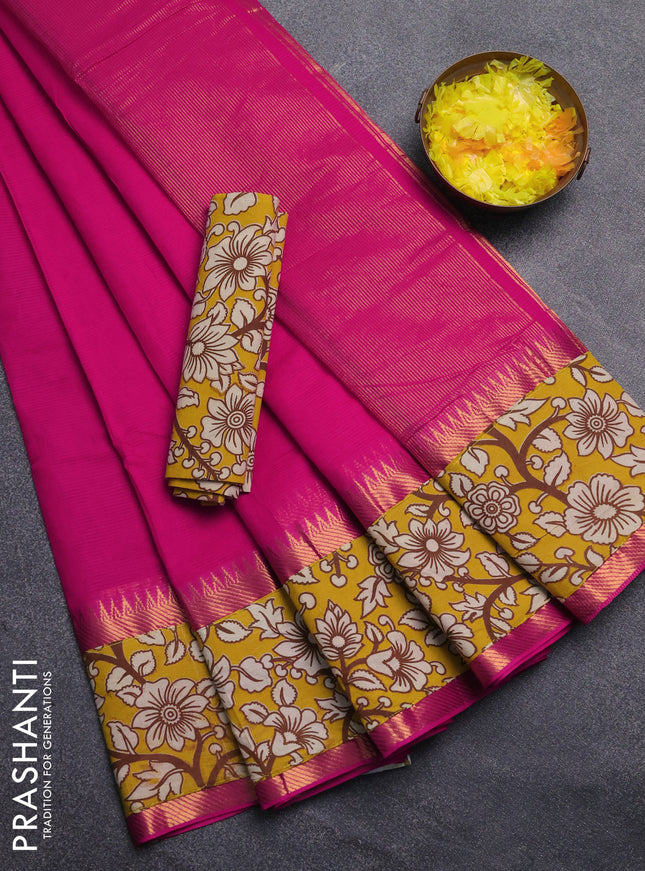 Mangalagiri cotton saree dark pink and yellow with plain body and rettapet zari woven kalamkari border