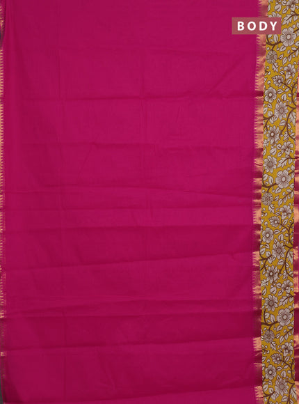 Mangalagiri cotton saree dark pink and yellow with plain body and rettapet zari woven kalamkari border