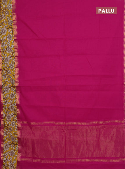 Mangalagiri cotton saree dark pink and yellow with plain body and rettapet zari woven kalamkari border