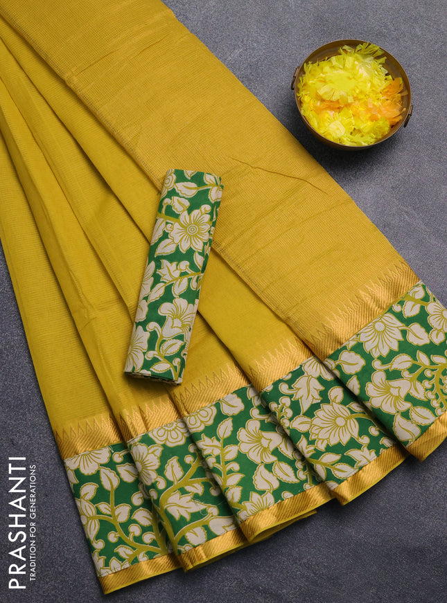 Mangalagiri cotton saree yellow and green with plain body and rettapet zari woven kalamkari border