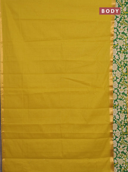 Mangalagiri cotton saree yellow and green with plain body and rettapet zari woven kalamkari border