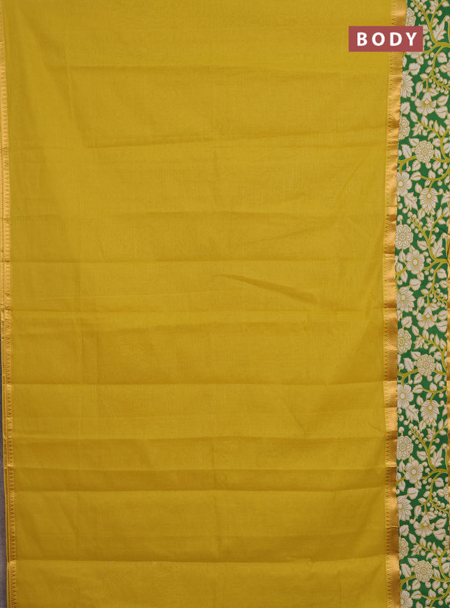 Mangalagiri cotton saree yellow and green with plain body and rettapet zari woven kalamkari border